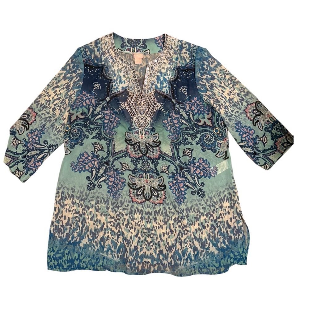NWOT Chico’s Embellished Sheer Tunic Blue Paisley Boho Top Size 3 XL 16/18 - Picture 6 of 11
